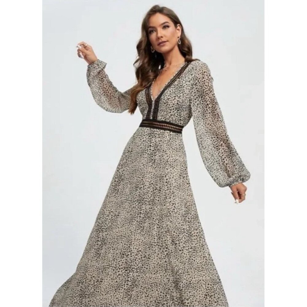 Chiffon Animal Print Maxi Dress with Deep V and Long Sleeves